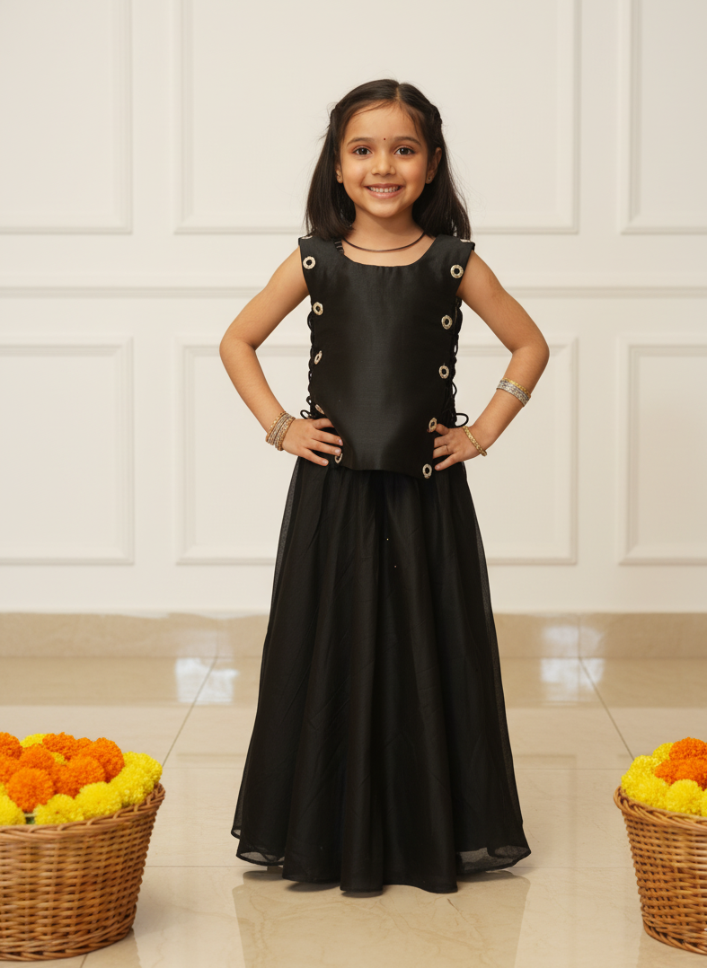 Handcrafted block printed Chanderi top & skirt set for girls — soft, festive & elegant. Lightweight comfort & artisanal charm by Prasam Crafts.