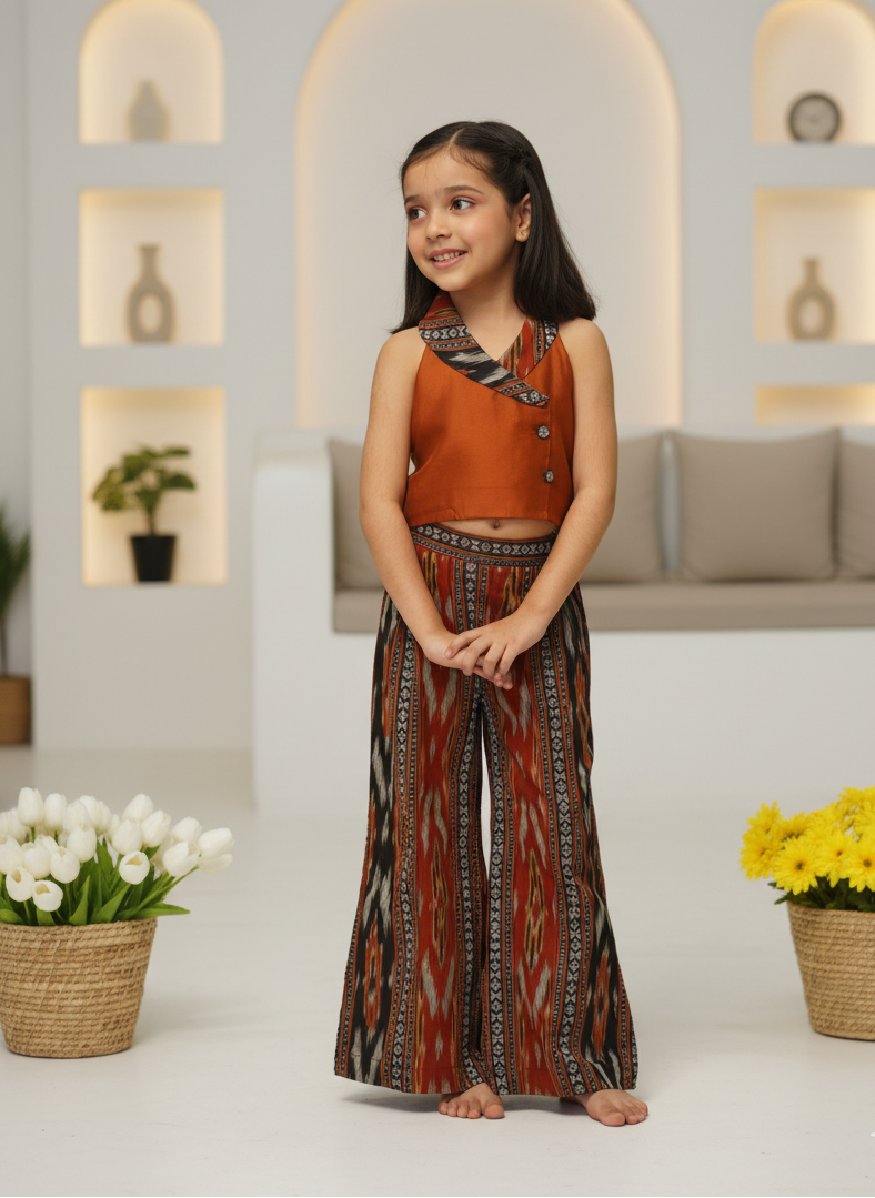 Smart, chic & handcrafted — this lapel-collared top in Chanderi paired with cotton trousers brings effortless style and comfort. 🌿
Featuring woven Ikat detailing, it’s perfect for casual outings, celebrations, or stylish everyday wear.