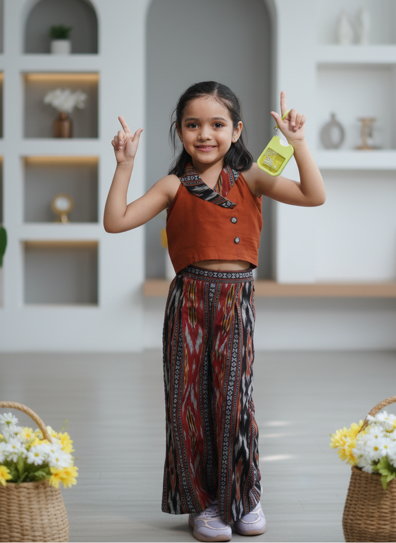 Smart, chic & handcrafted — this lapel-collared top in Chanderi paired with cotton trousers brings effortless style and comfort. 🌿
Featuring woven Ikat detailing, it’s perfect for casual outings, celebrations, or stylish everyday wear.