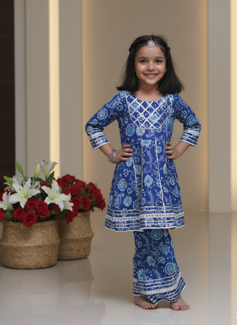Let her shine in our handcrafted Jaipuri block print kurta & trouser set with delicate gota detailing. ✨
Made from pure cotton, it’s soft, breathable, and festive — designed for joyful celebrations with all-day comfort and charm.
