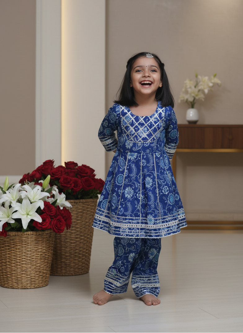 Let her shine in our handcrafted Jaipuri block print kurta & trouser set with delicate gota detailing. ✨
Made from pure cotton, it’s soft, breathable, and festive — designed for joyful celebrations with all-day comfort and charm.