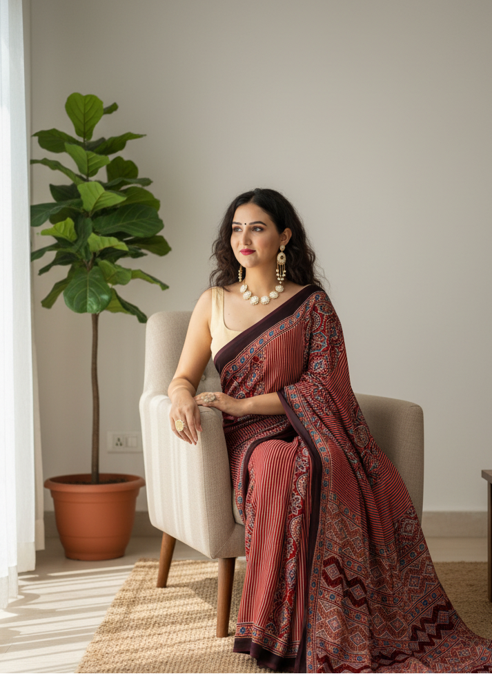 Lineal Beat-Ajrakh Modal Silk Saree
