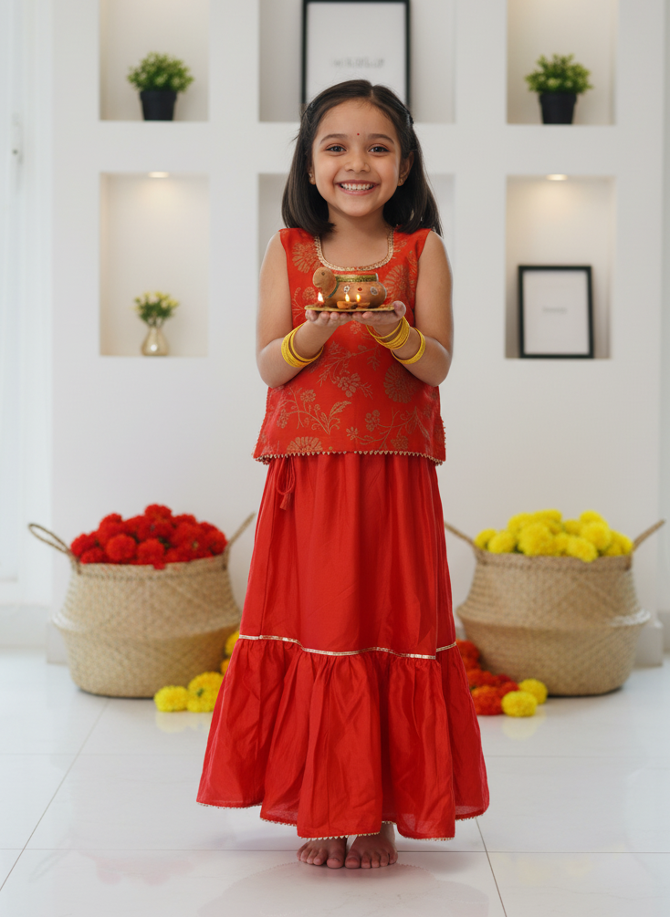 Let your little one shine in Prasam Crafts’ handcrafted Chanderi Cotton Silk skirt & top set. Featuring delicate block prints, this outfit brings together festive elegance and all-day comfort – perfect for joyful celebrations. 