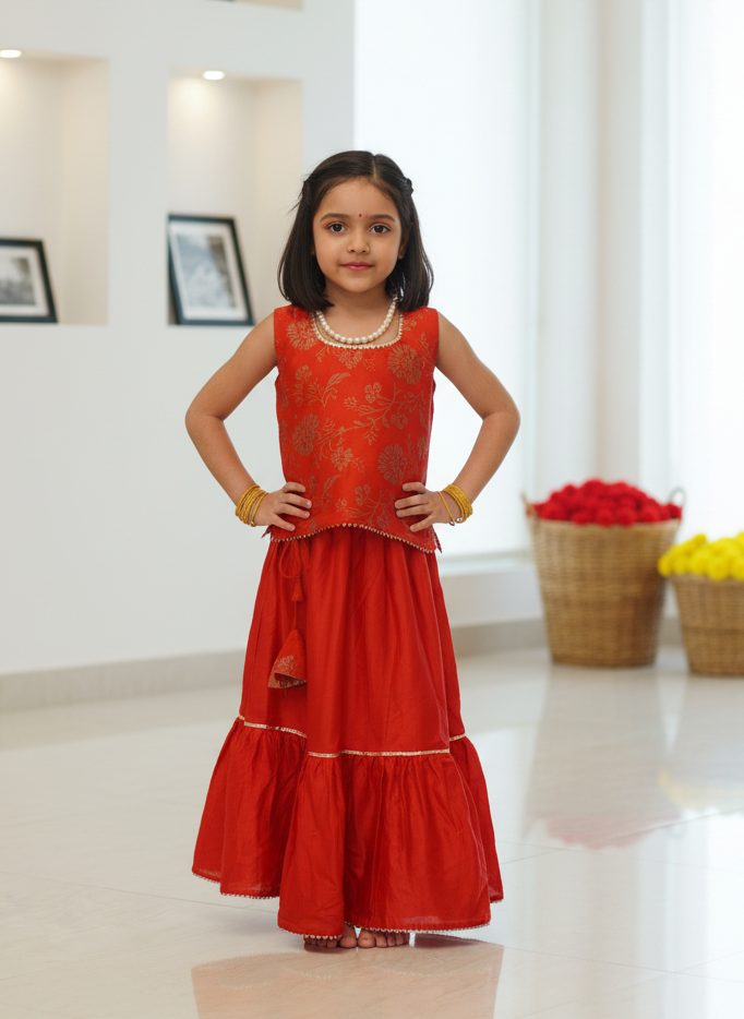 Let your little one shine in Prasam Crafts’ handcrafted Chanderi Cotton Silk skirt & top set. Featuring delicate block prints, this outfit brings together festive elegance and all-day comfort – perfect for joyful celebrations. 
