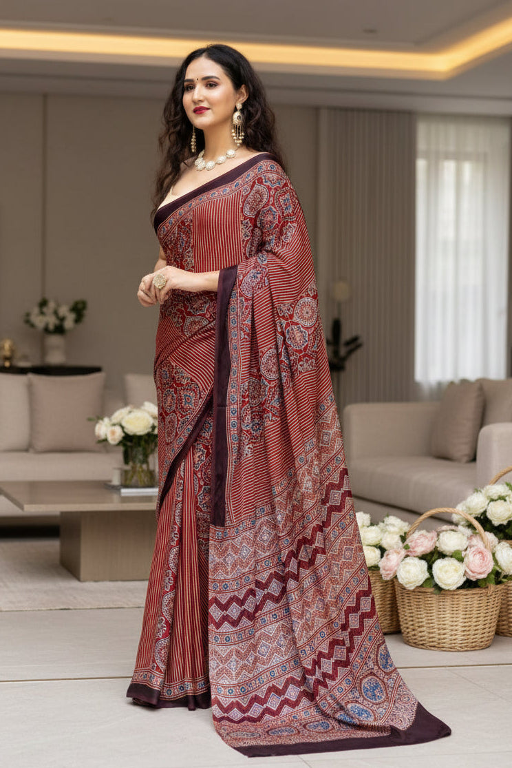 Lineal Beat-Ajrakh Modal Silk Saree