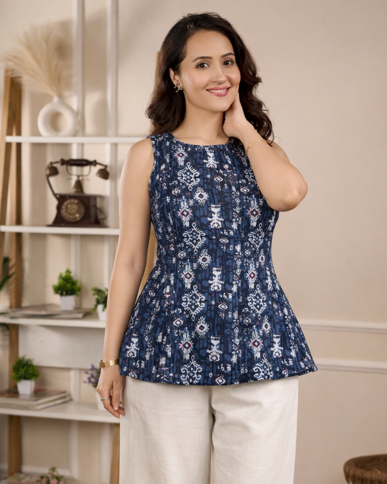 Mira Indigo Cotton Peplum Top