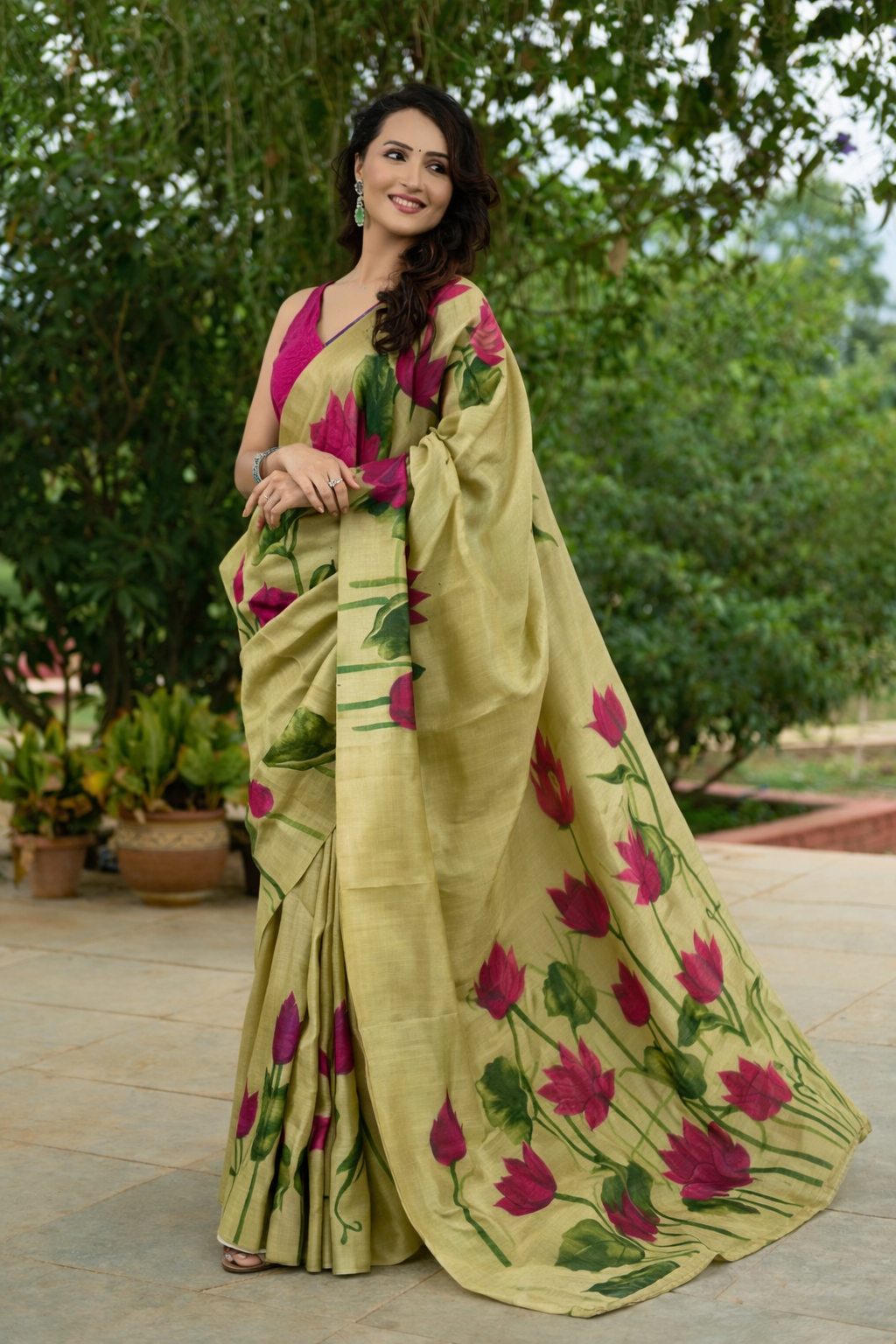 Moss Petals Hand-Painted Pure Silk Saree