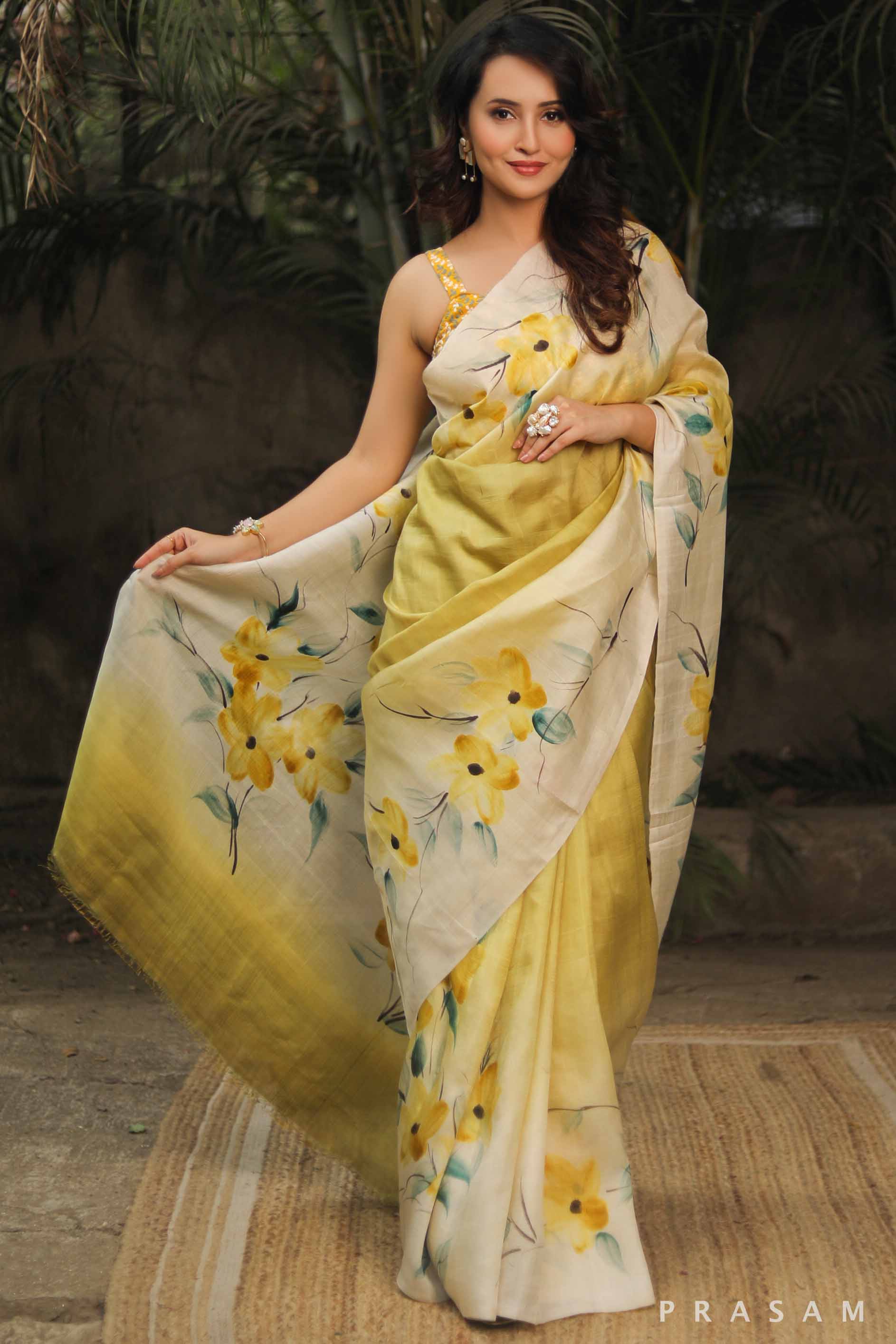 Yellow Hand Painted Pure Silk Saree - Vibrant and Elegant Prasam Crafts