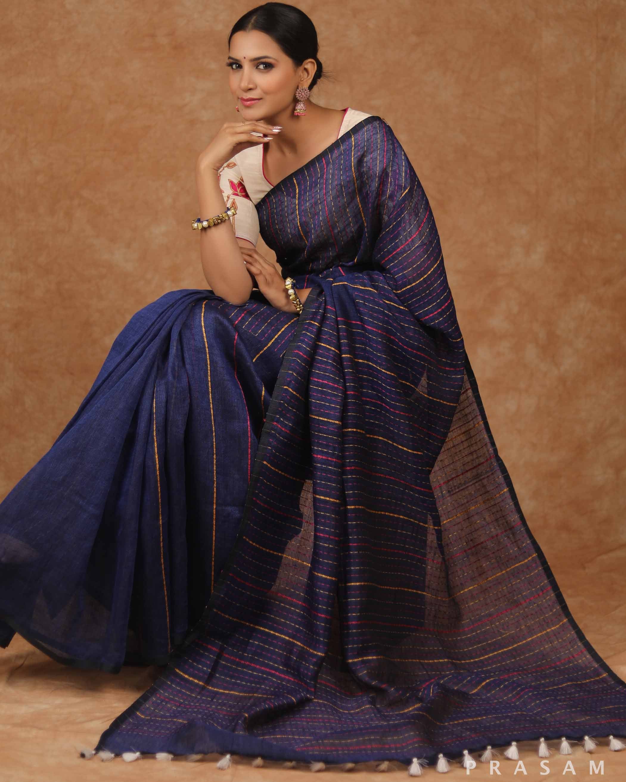 Dim Dust Linen Kantha stitch Saree Prasam Crafts