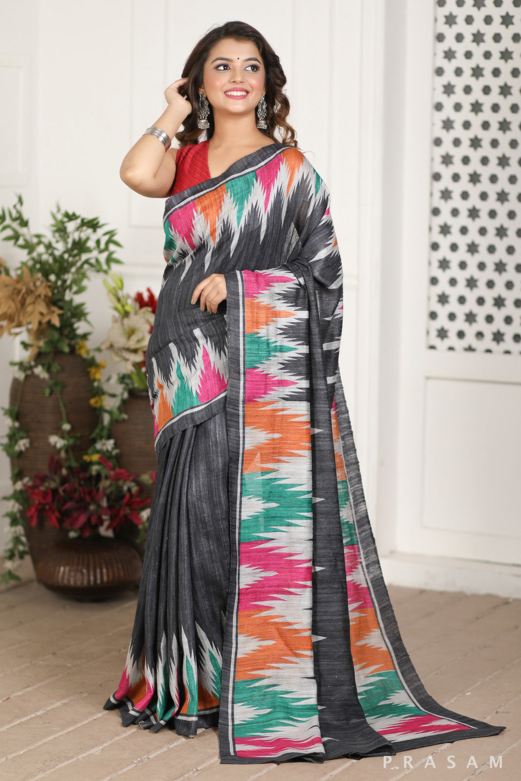 Enchanting Tide Printed Tussar Gichha Silk Saree Prasam Crafts