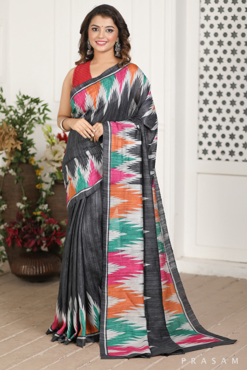 Enchanting Tide Printed Tussar Gichha Silk Saree Prasam Crafts