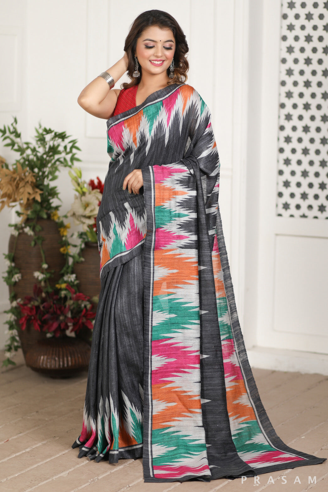 Enchanting Tide Printed Tussar Gichha Silk Saree Prasam Crafts