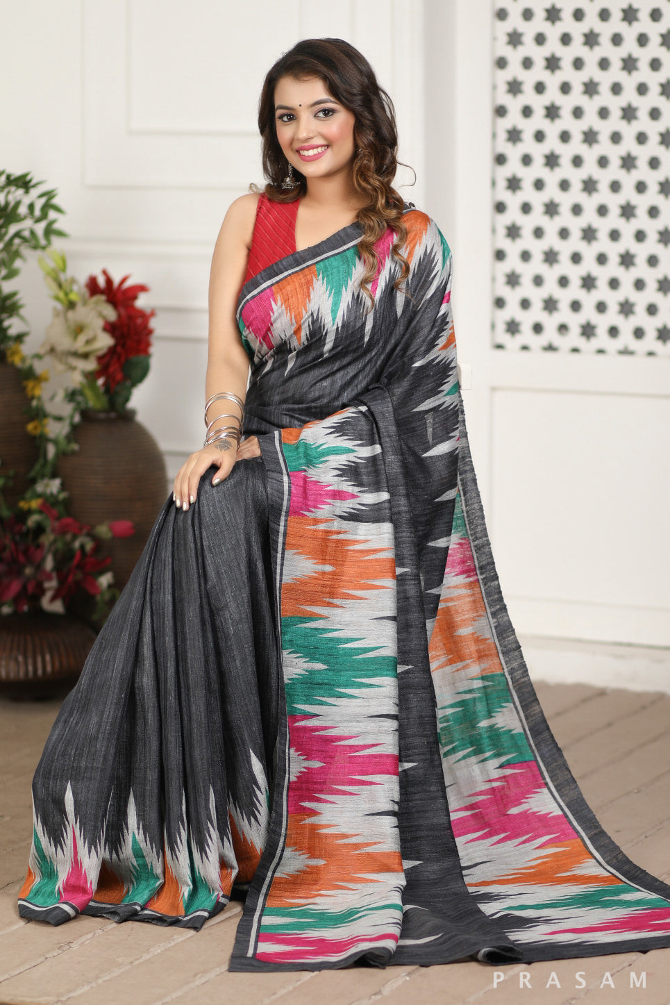 Enchanting Tide Printed Tussar Gichha Silk Saree Prasam Crafts