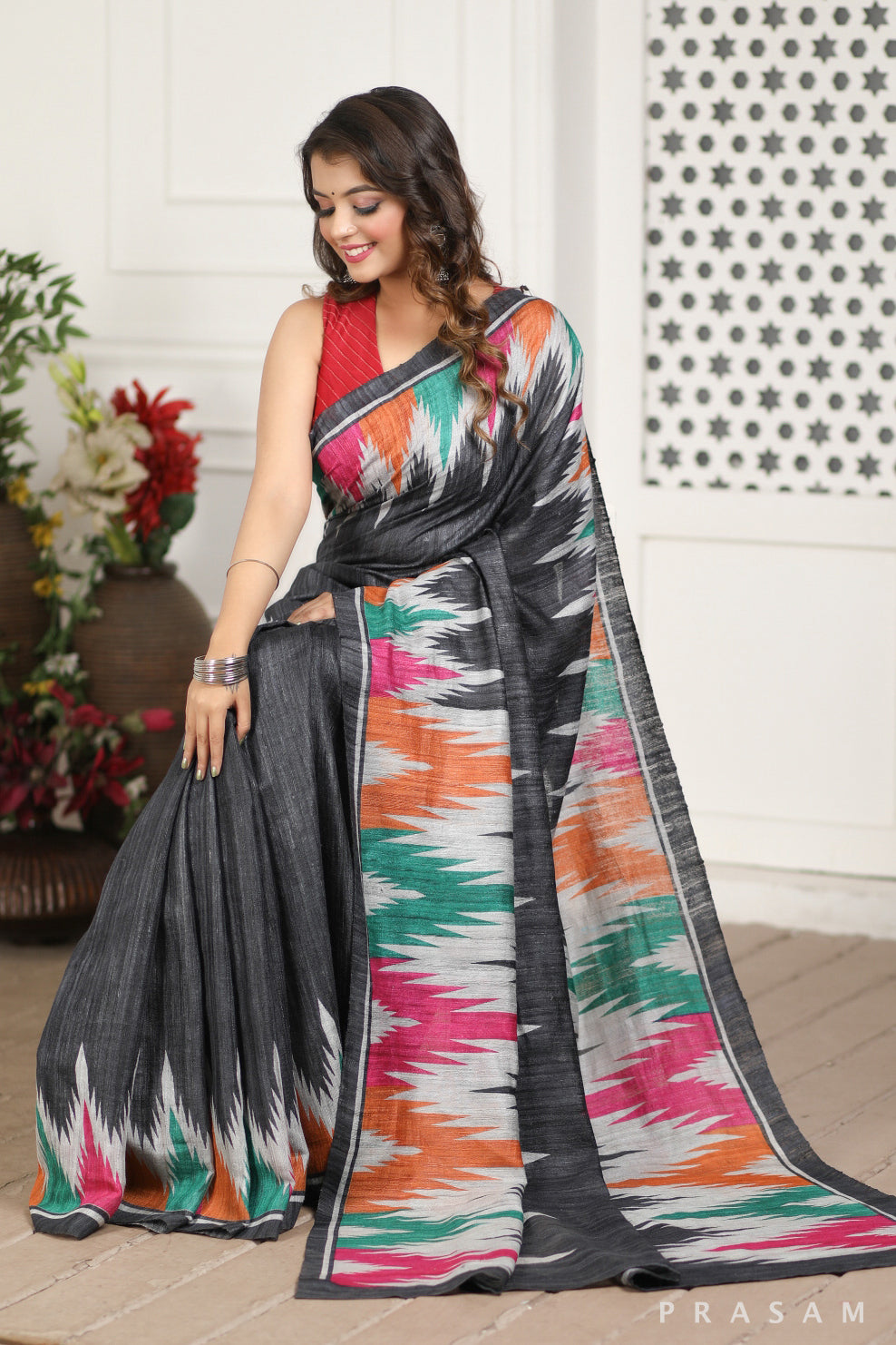 Enchanting Tide Printed Tussar Gichha Silk Saree Prasam Crafts