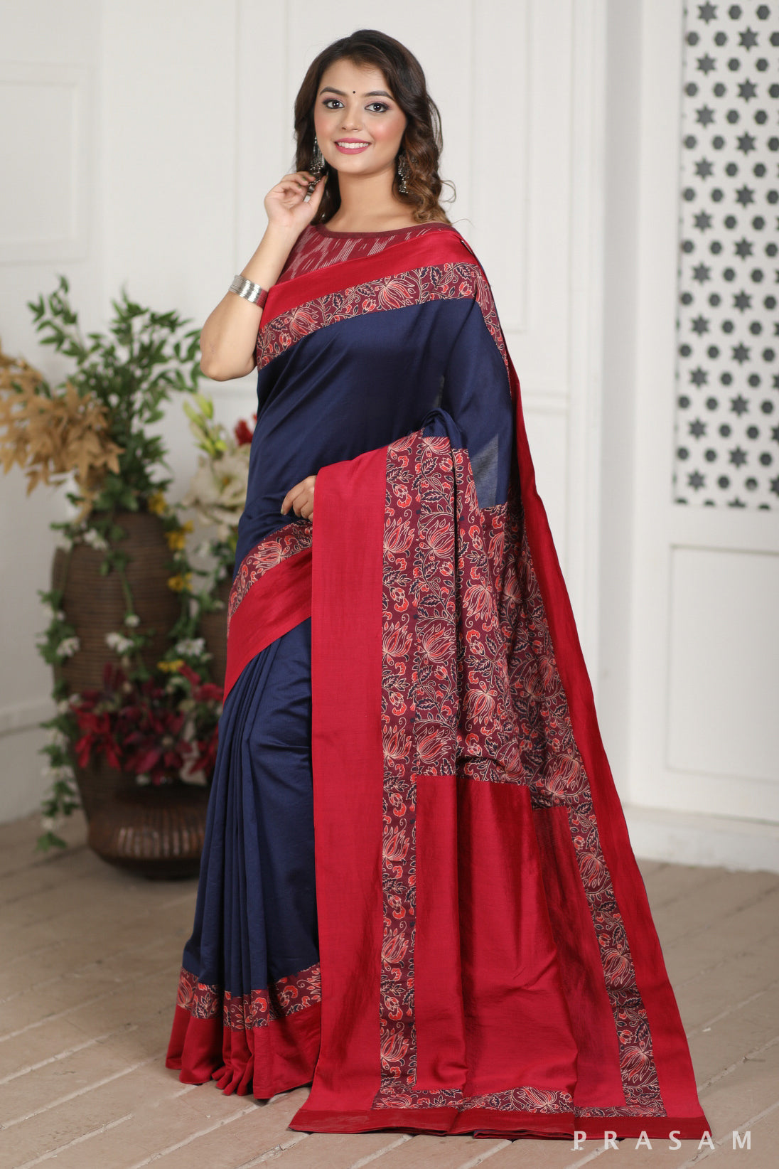 Deep Blue Heavens Chanderi Silk and Bagru Block Print Fusion Saree Prasam Crafts