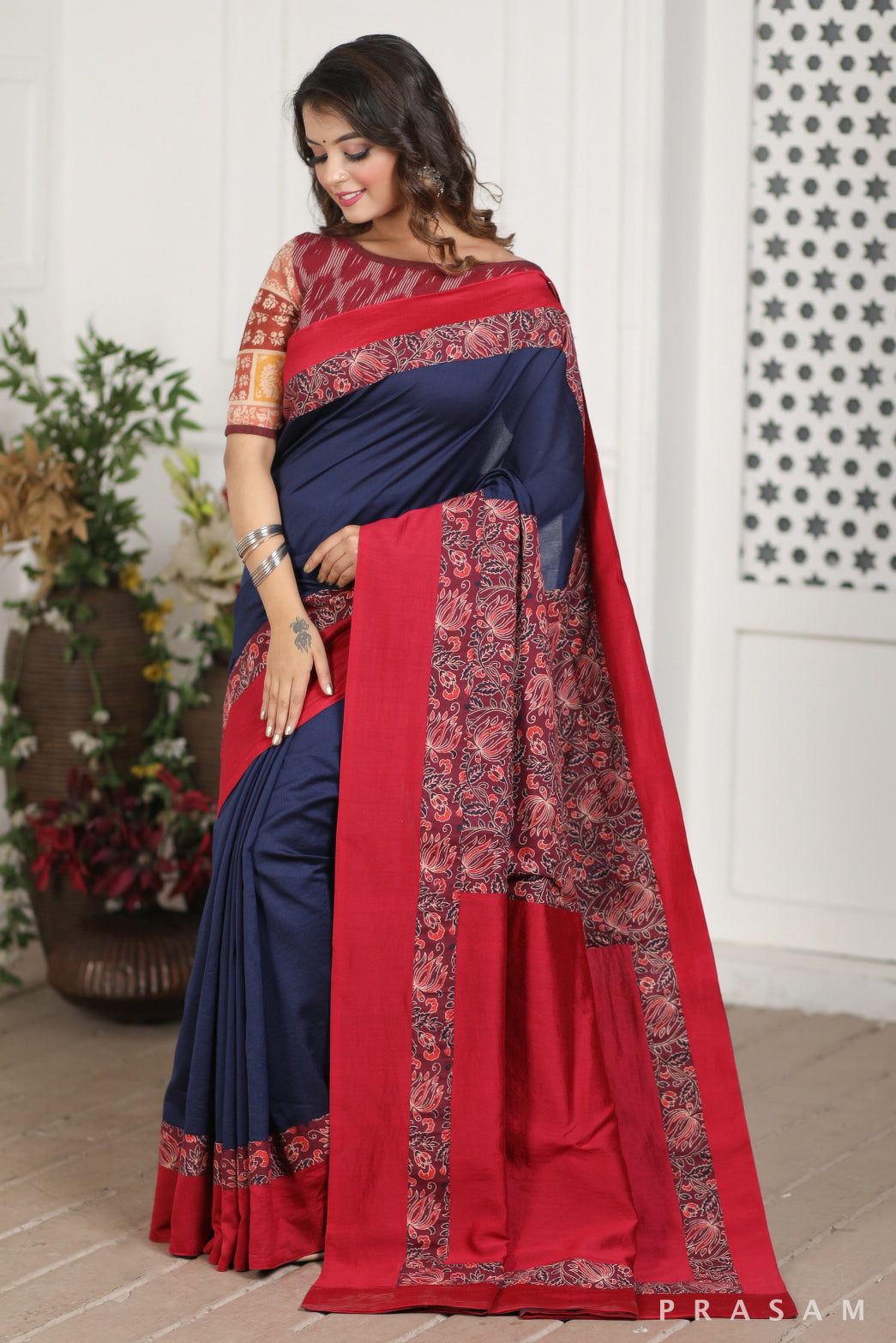 Deep Blue Heavens Chanderi Silk and Bagru Block Print Fusion Saree Prasam Crafts