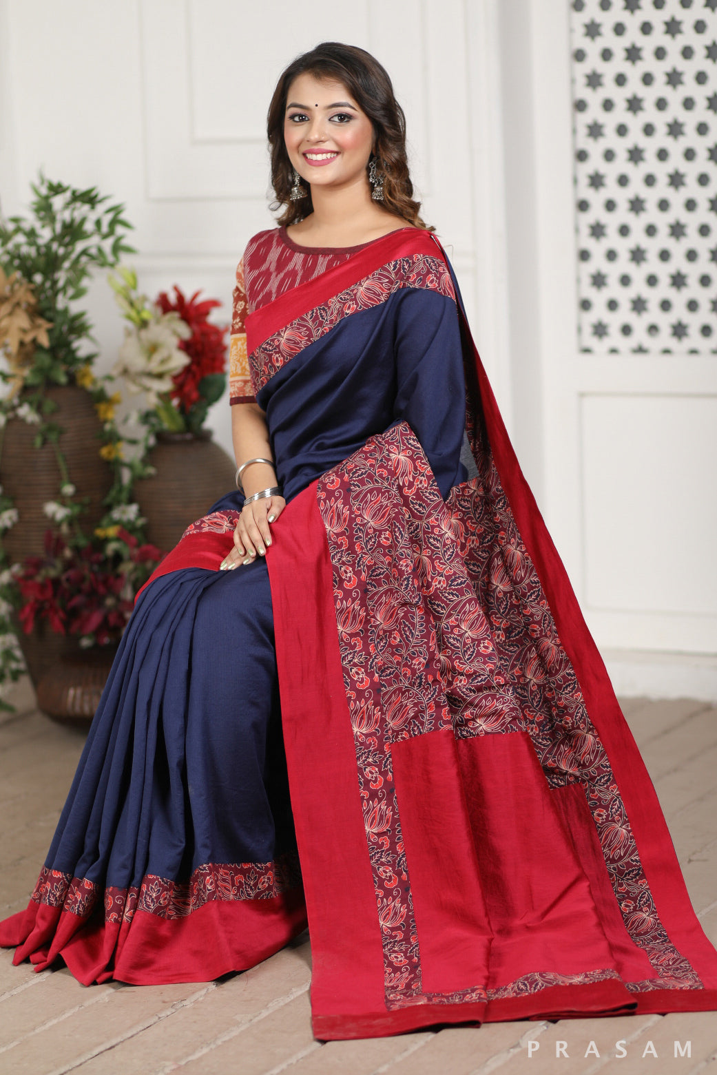 Deep Blue Heavens Chanderi Silk and Bagru Block Print Fusion Saree Prasam Crafts