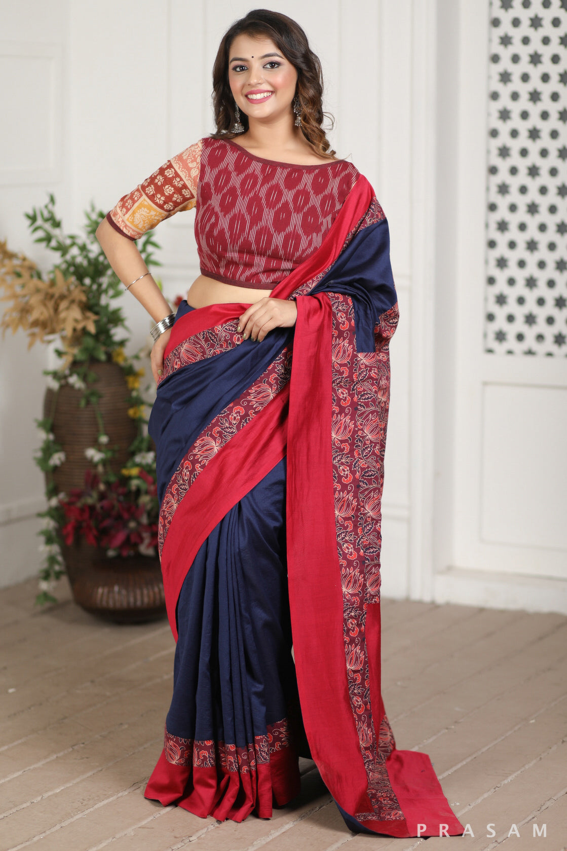 Deep Blue Heavens Chanderi Silk and Bagru Block Print Fusion Saree Prasam Crafts