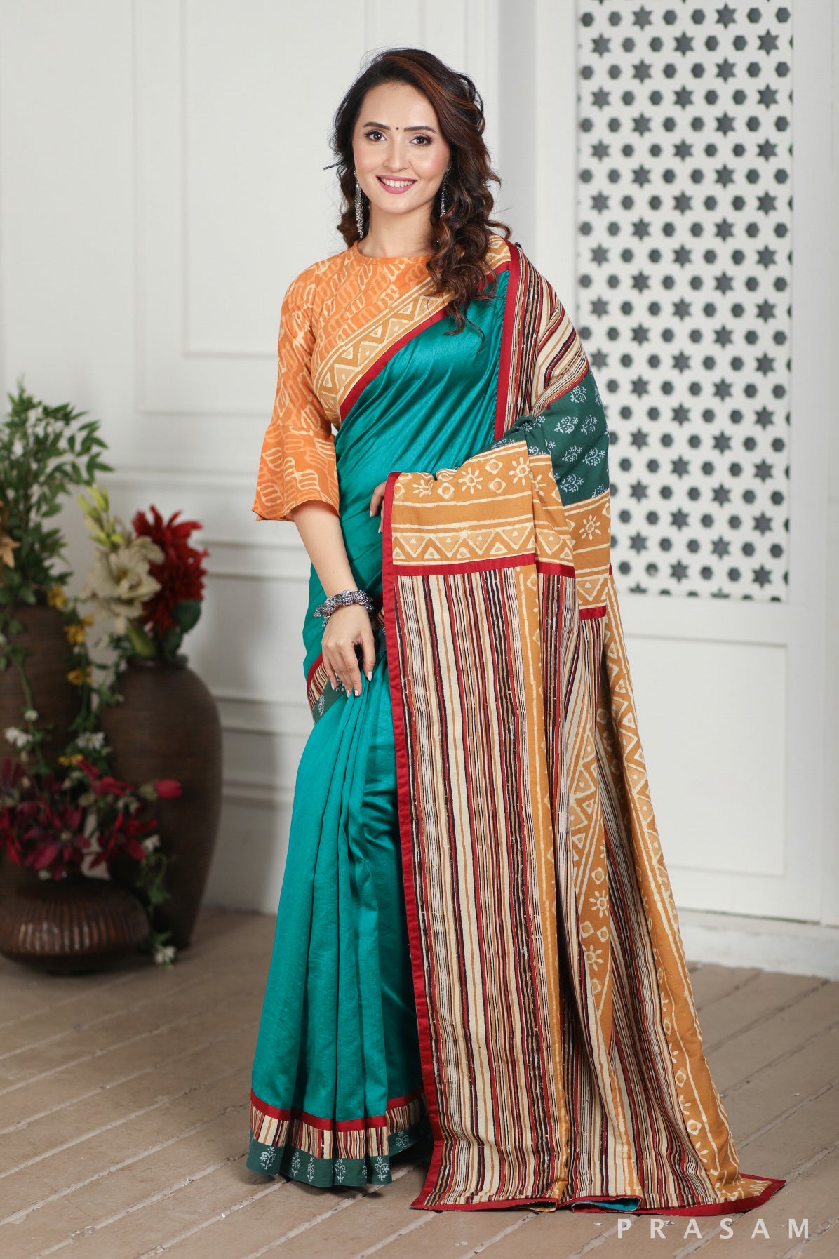 Faded Forest Chanderi Silk and Bagru Block Print Fusion Saree Prasam Crafts