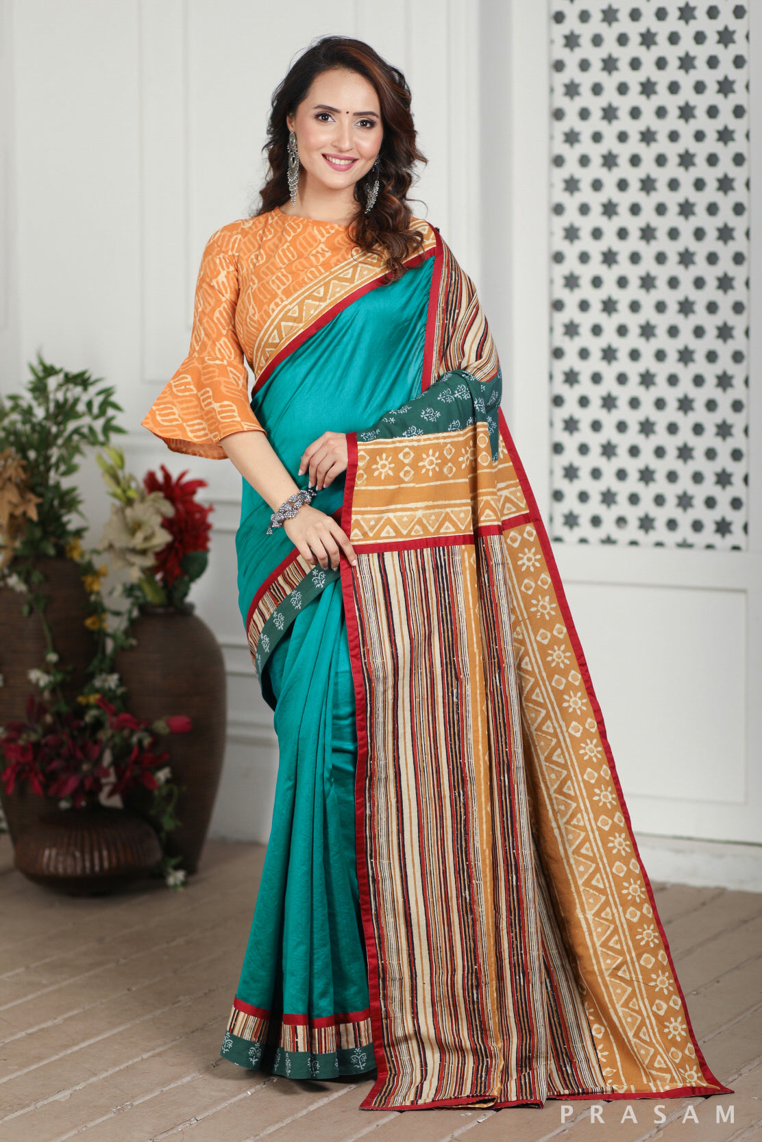 Faded Forest Chanderi Silk and Bagru Block Print Fusion Saree Prasam Crafts