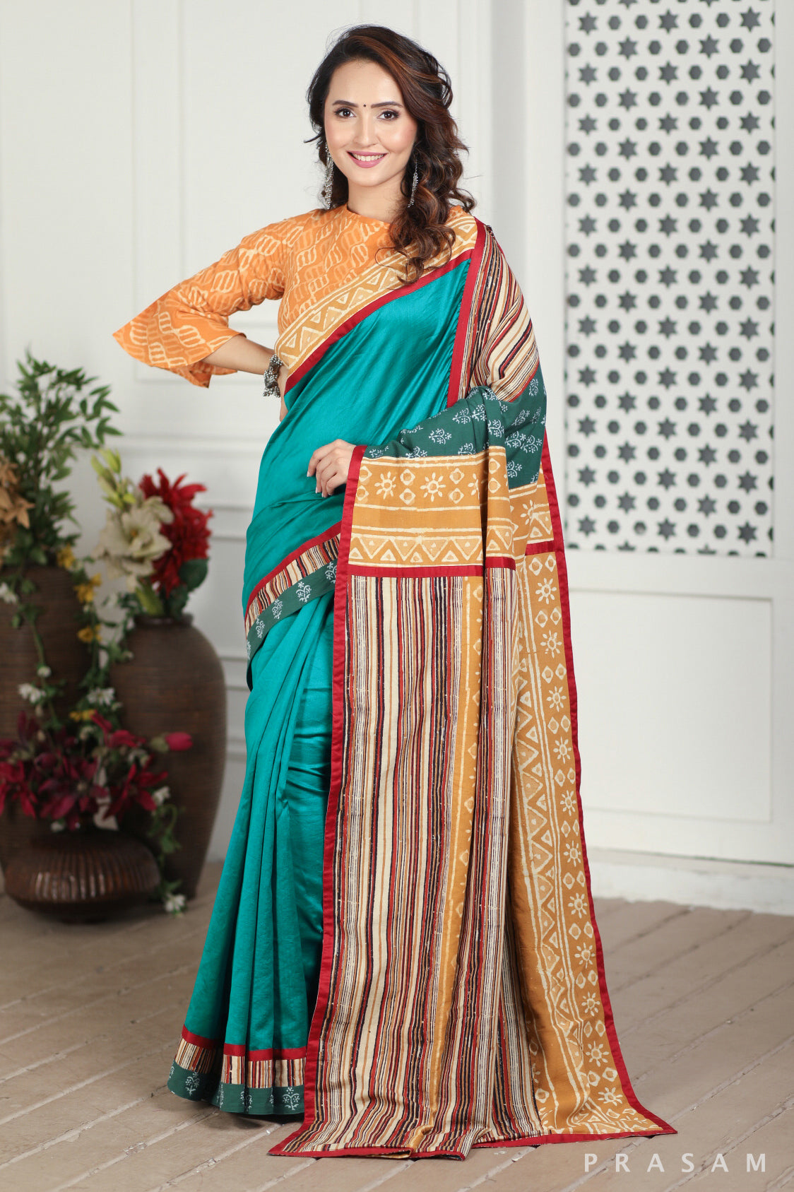 Faded Forest Chanderi Silk and Bagru Block Print Fusion Saree Prasam Crafts