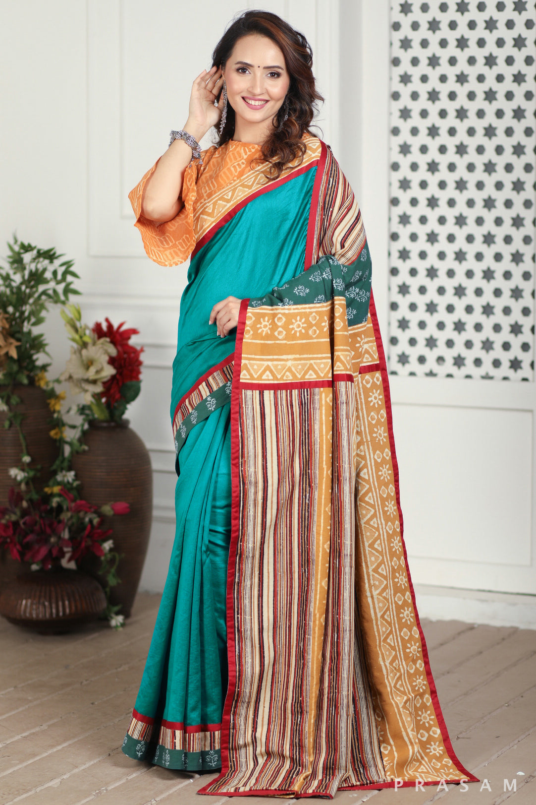 Faded Forest Chanderi Silk and Bagru Block Print Fusion Saree Prasam Crafts