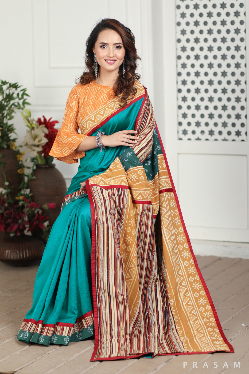 Faded Forest Chanderi Silk and Bagru Block Print Fusion Saree Prasam Crafts