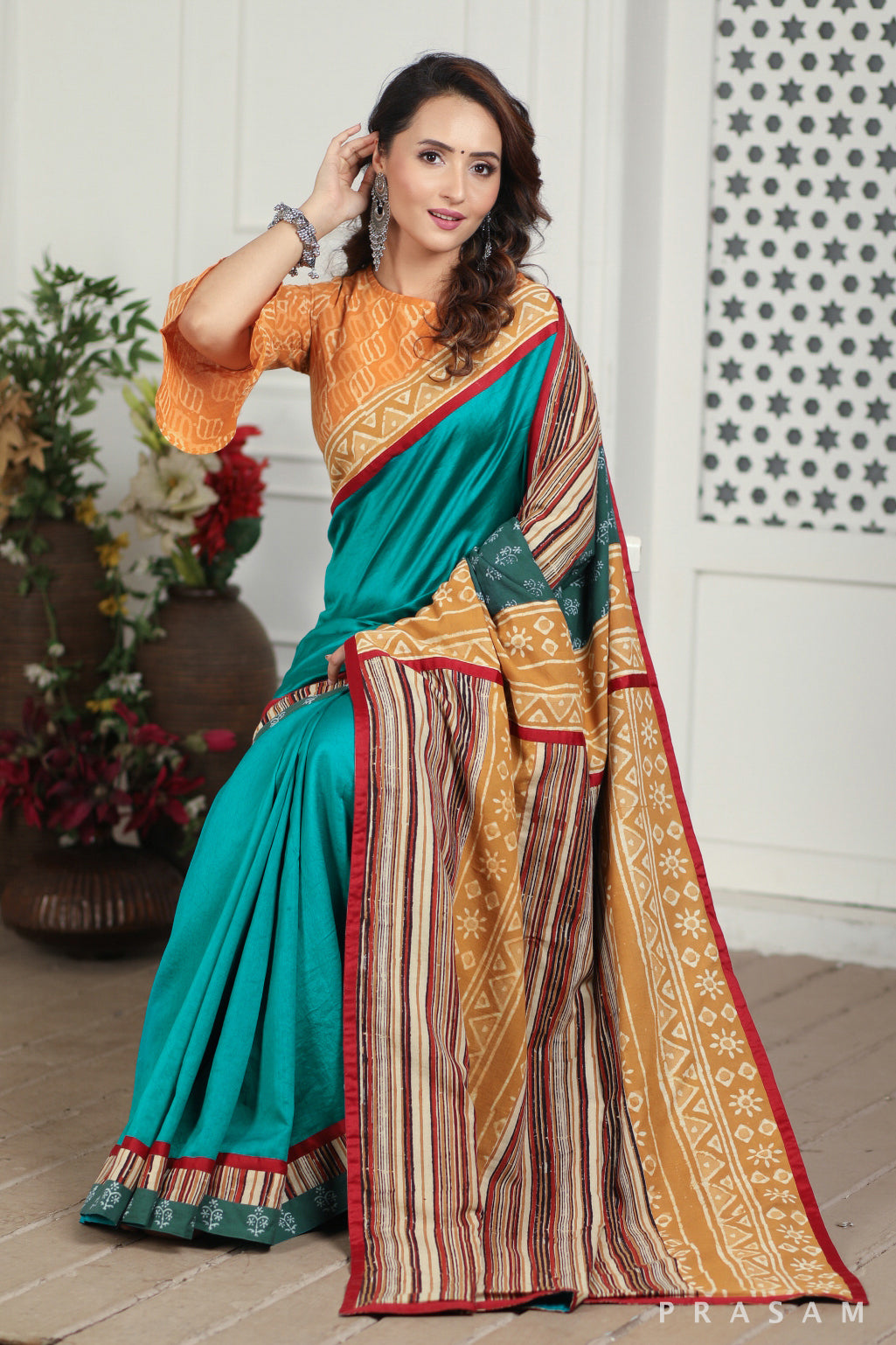 Faded Forest Chanderi Silk and Bagru Block Print Fusion Saree Prasam Crafts