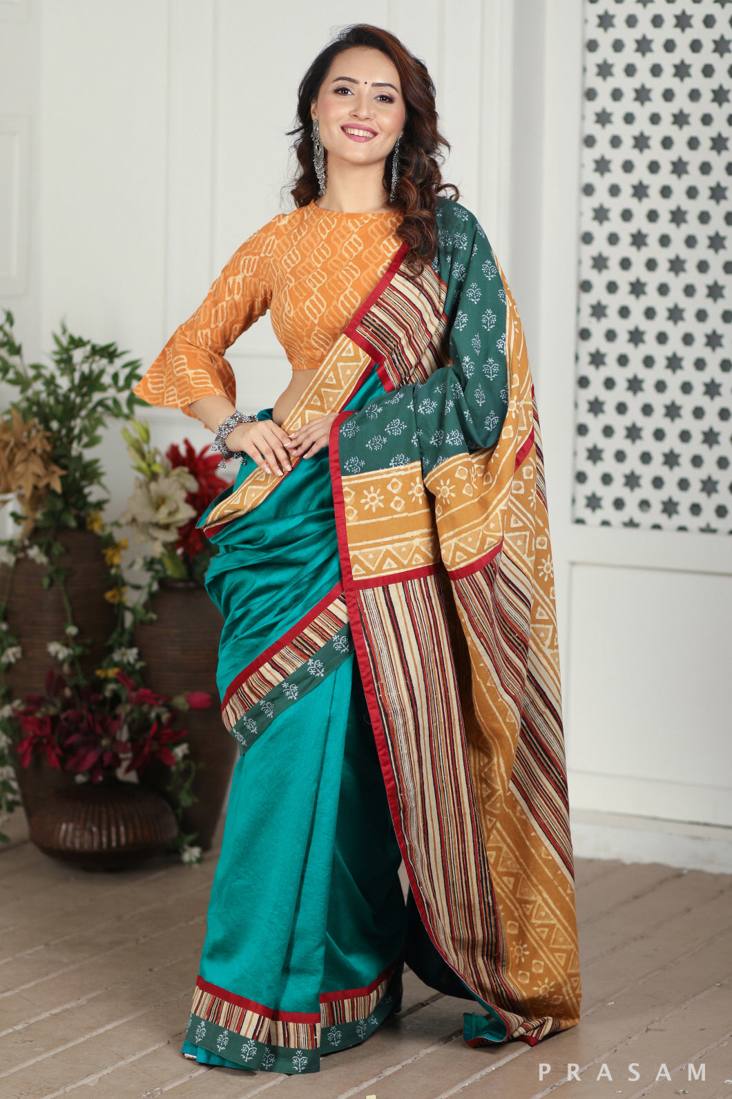 Faded Forest Chanderi Silk and Bagru Block Print Fusion Saree Prasam Crafts