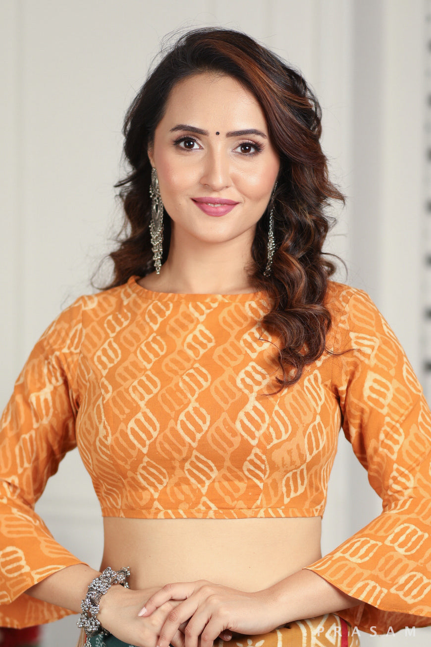 Hand Block Printed Bell Sleeve side Zipper Cotton Blouse Prasam Crafts