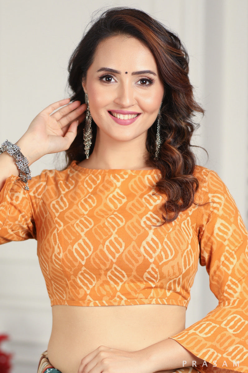 Hand Block Printed Bell Sleeve side Zipper Cotton Blouse Prasam Crafts