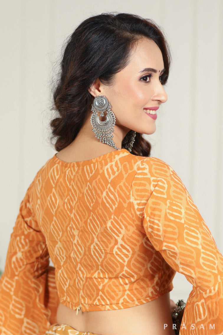 Hand Block Printed Bell Sleeve side Zipper Cotton Blouse Prasam Crafts