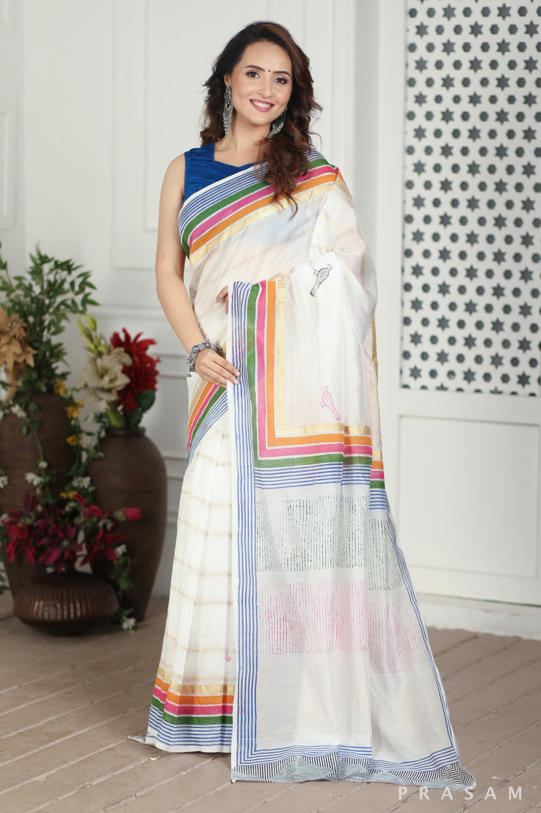 Sugar Spread Chanderi Silk Block Print Saree Prasam Crafts