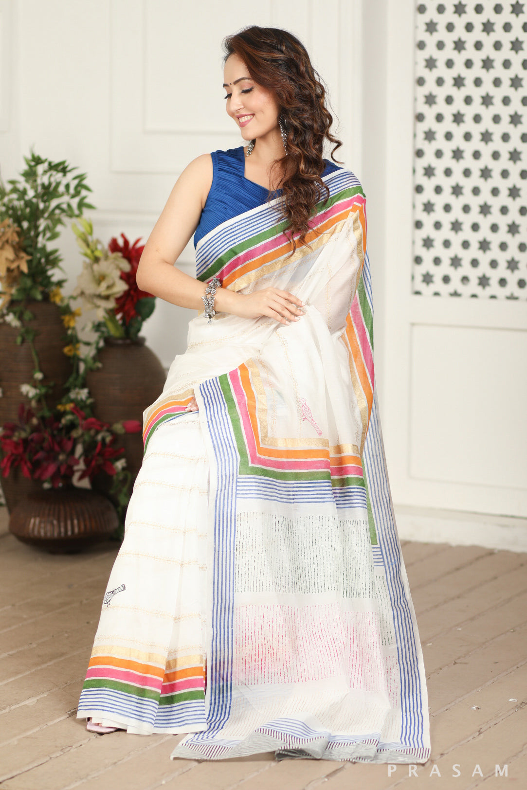 Sugar Spread Chanderi Silk Block Print Saree Prasam Crafts