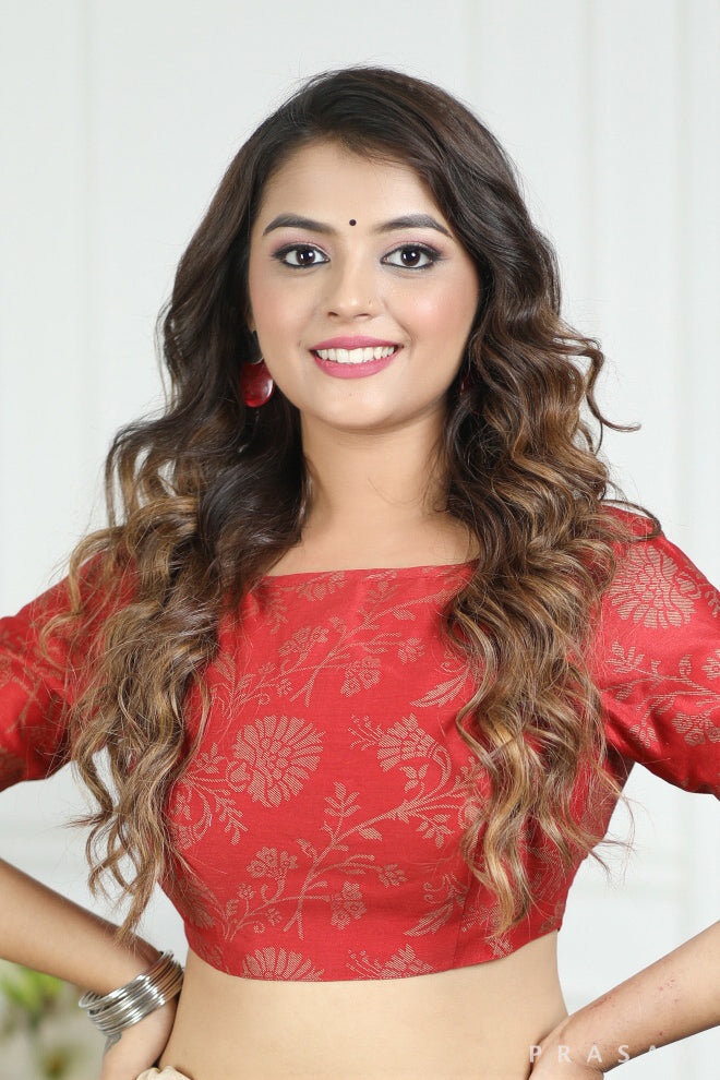 Red Chanderi Hand Block Print Blouse Prasam Crafts