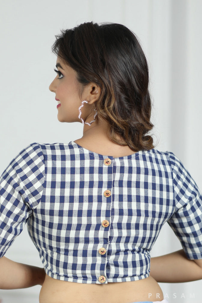 Blue White Checks Handwoven Cotton Blouse Prasam Crafts