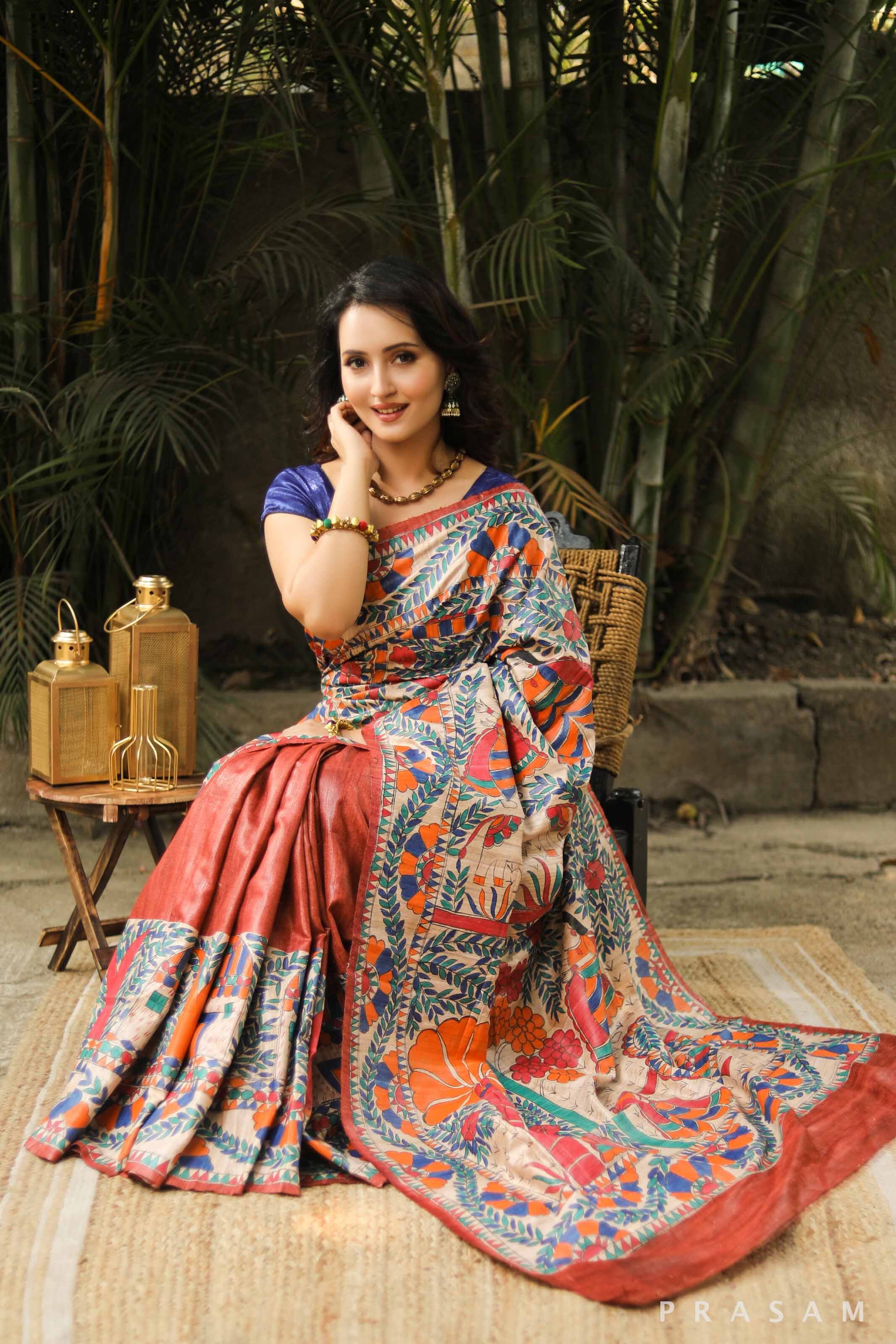Folktale Florals Handmade Madhubani Tassar Silk Saree