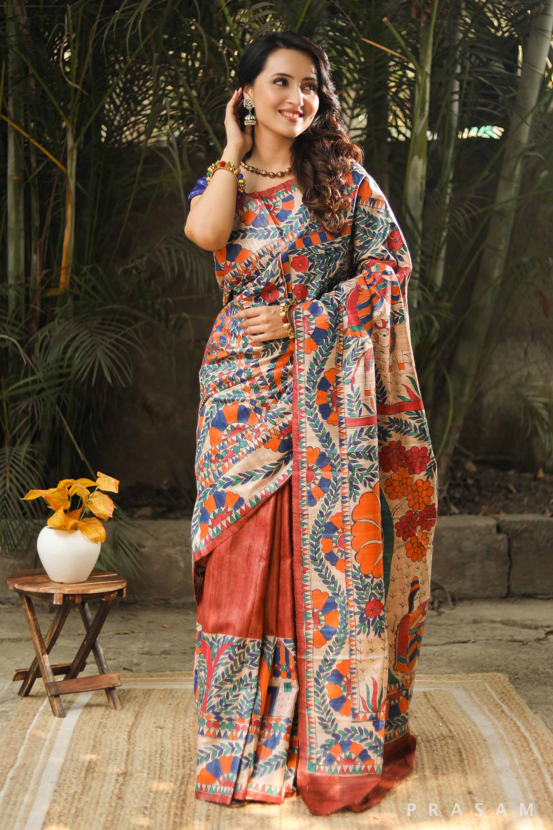 Folktale Florals Handmade Madhubani Tassar Silk Saree