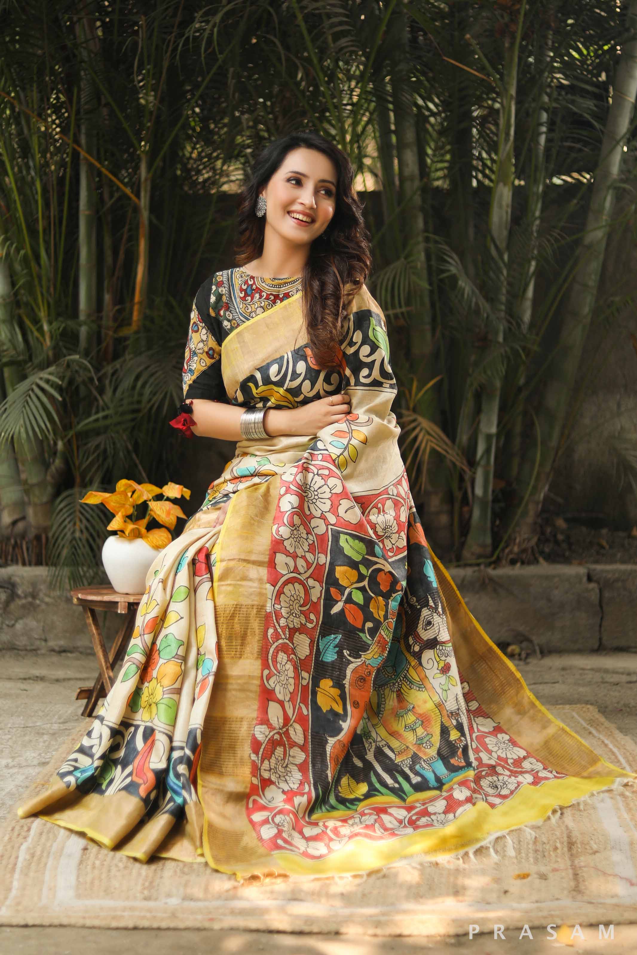 Paint a Tale Handmade Kalamkari Tassar Silk Saree Prasam Crafts
