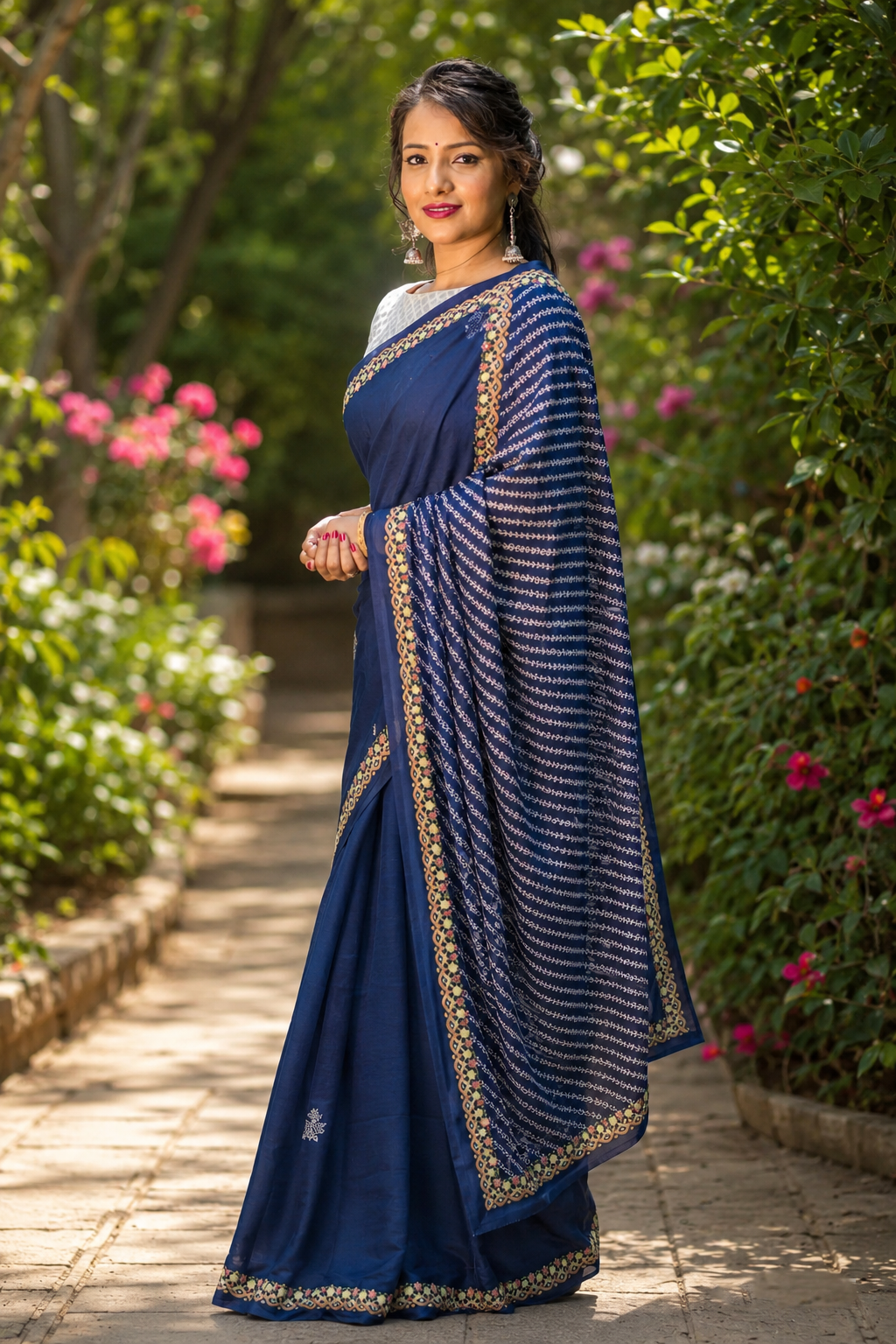Nautical Tides-Silk Modal Block Print Saree