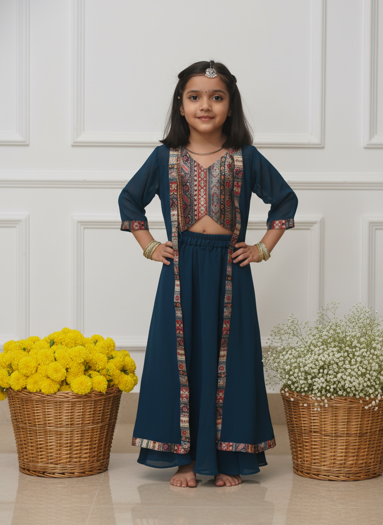 Celebrate comfort and charm with our handcrafted fusion set — featuring a printed chanderi top, flowy georgette skirt, and matching jacket. ✨
Soft, lightweight & festive — designed for twirls, joy, and all-day elegance.