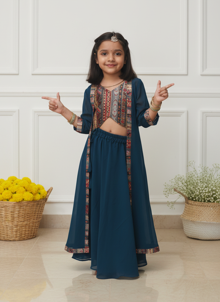 Celebrate comfort and charm with our handcrafted fusion set — featuring a printed chanderi top, flowy georgette skirt, and matching jacket. ✨
Soft, lightweight & festive — designed for twirls, joy, and all-day elegance.