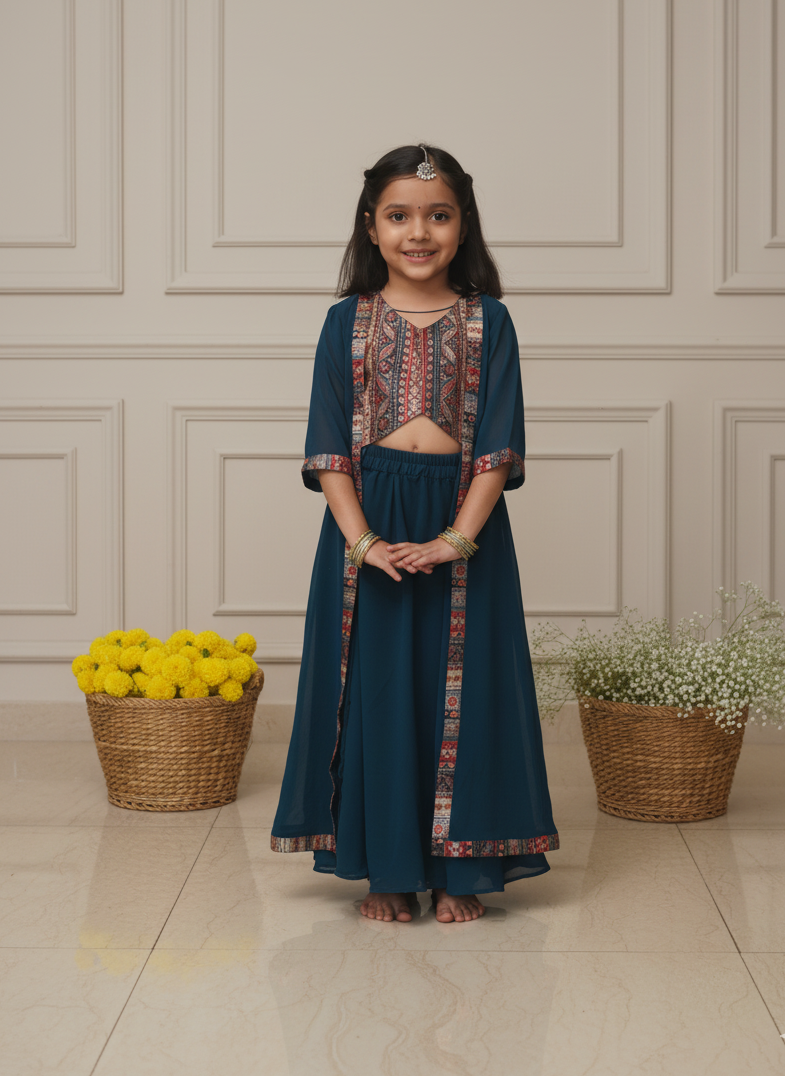 Celebrate comfort and charm with our handcrafted fusion set — featuring a printed chanderi top, flowy georgette skirt, and matching jacket. ✨
Soft, lightweight & festive — designed for twirls, joy, and all-day elegance.