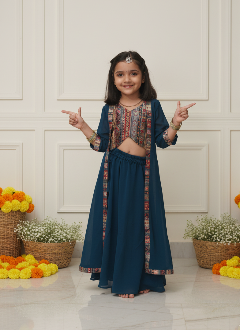 Celebrate comfort and charm with our handcrafted fusion set — featuring a printed chanderi top, flowy georgette skirt, and matching jacket. ✨
Soft, lightweight & festive — designed for twirls, joy, and all-day elegance.