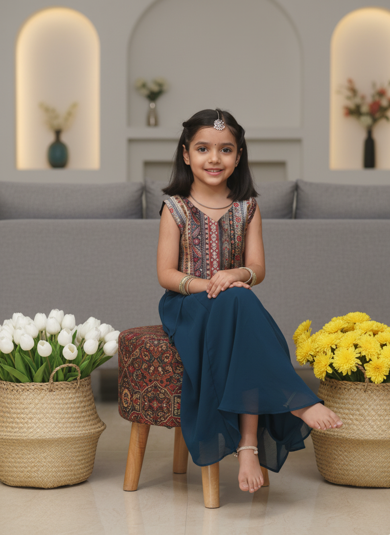 Celebrate comfort and charm with our handcrafted fusion set — featuring a printed chanderi top, flowy georgette skirt, and matching jacket. ✨
Soft, lightweight & festive — designed for twirls, joy, and all-day elegance.