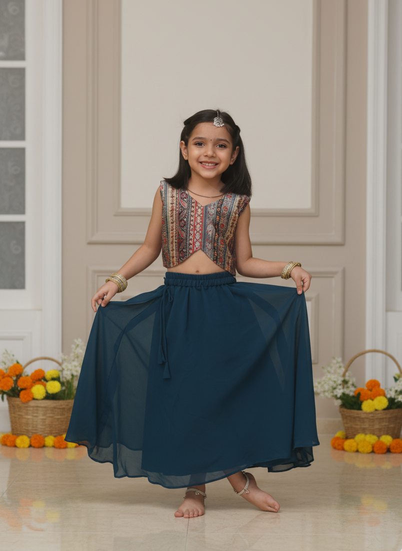 Celebrate comfort and charm with our handcrafted fusion set — featuring a printed chanderi top, flowy georgette skirt, and matching jacket. ✨
Soft, lightweight & festive — designed for twirls, joy, and all-day elegance.