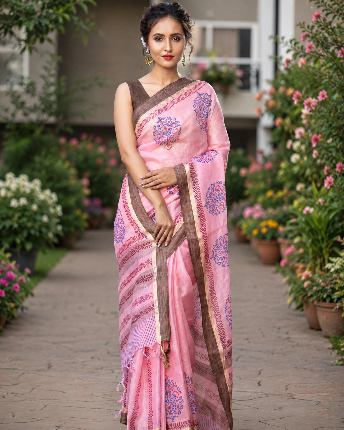 Pink And Blue Tunes-Linen Block Print Saree