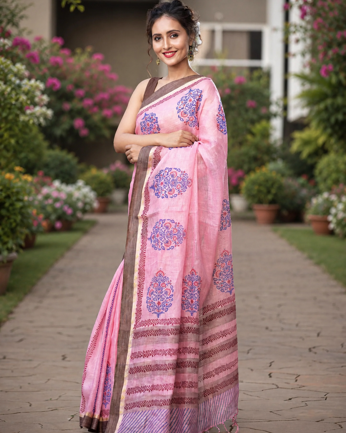 Pink And Blue Tunes-Linen Block Print Saree