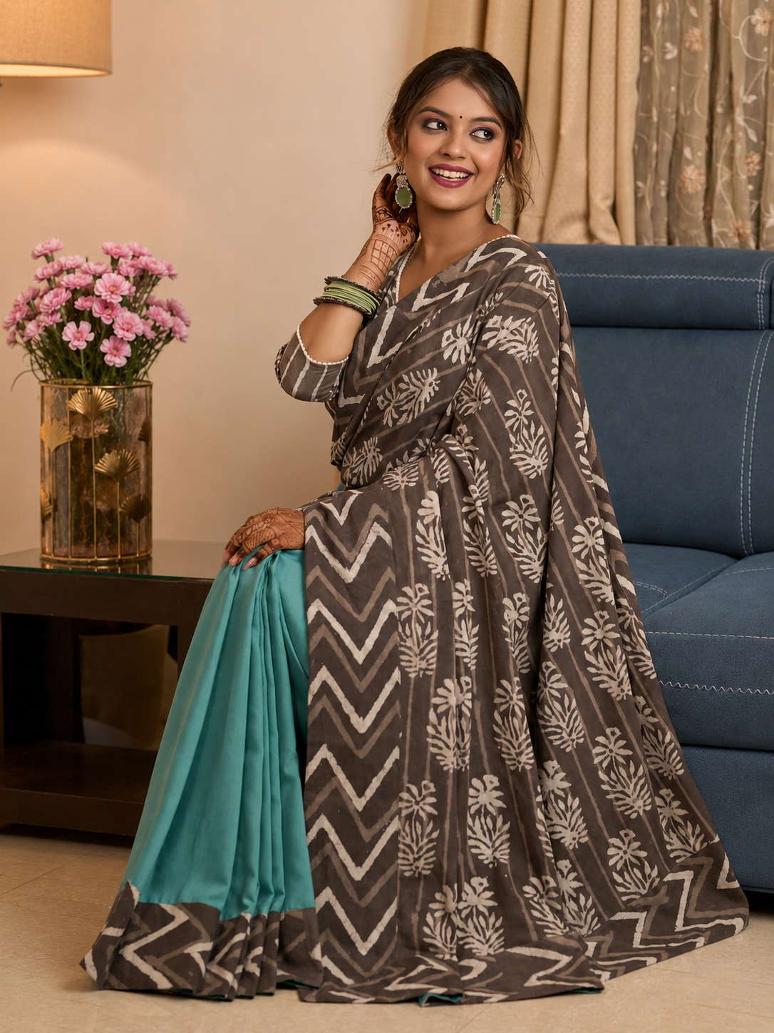 Powder Blue Bagru Fusion Delight Cotton Saree