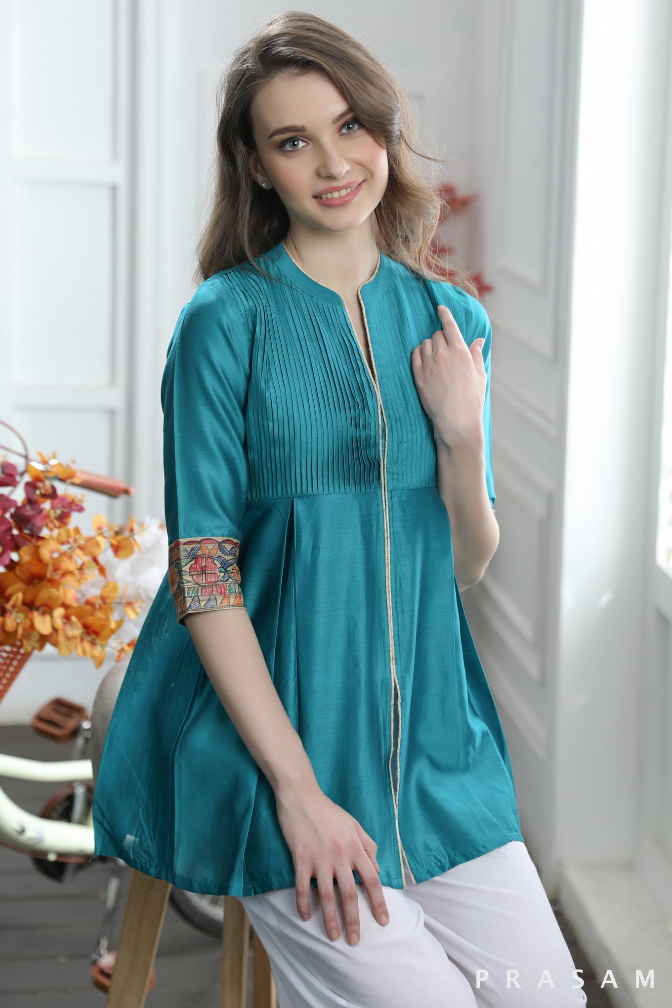 Radiant Teal Tunic Beautiful Chanderi Teal Tunic With Pintucks And Madhubani Trims